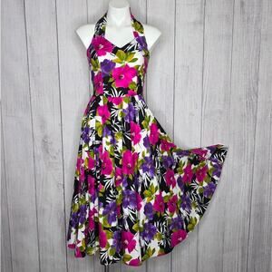 VTG 90s Bold & Bright Garden Tea Party Floral Halter Fit & Flare Dress